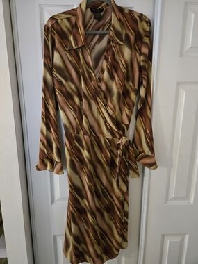 Ashley Stewart Brown and Gold Diagonal Stripe Wrap Dress